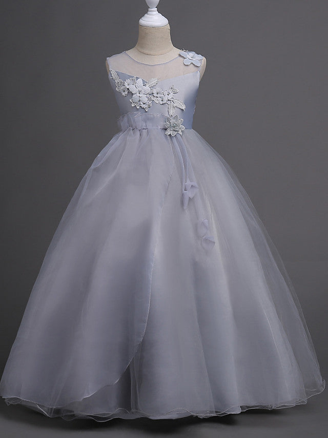 Satin Tulle Flower Girl Dress for Special Occasions - Princess Long Length with Belt Appliques