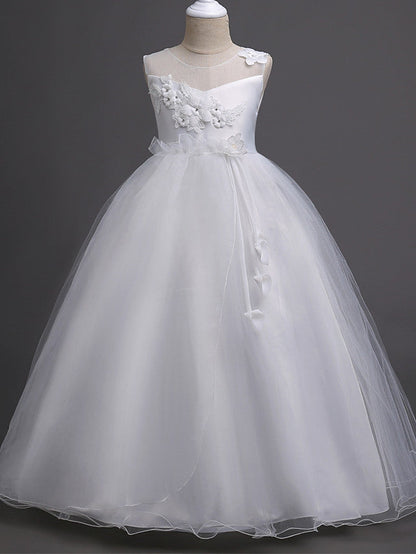 Satin Tulle Flower Girl Dress for Special Occasions - Princess Long Length with Belt Appliques