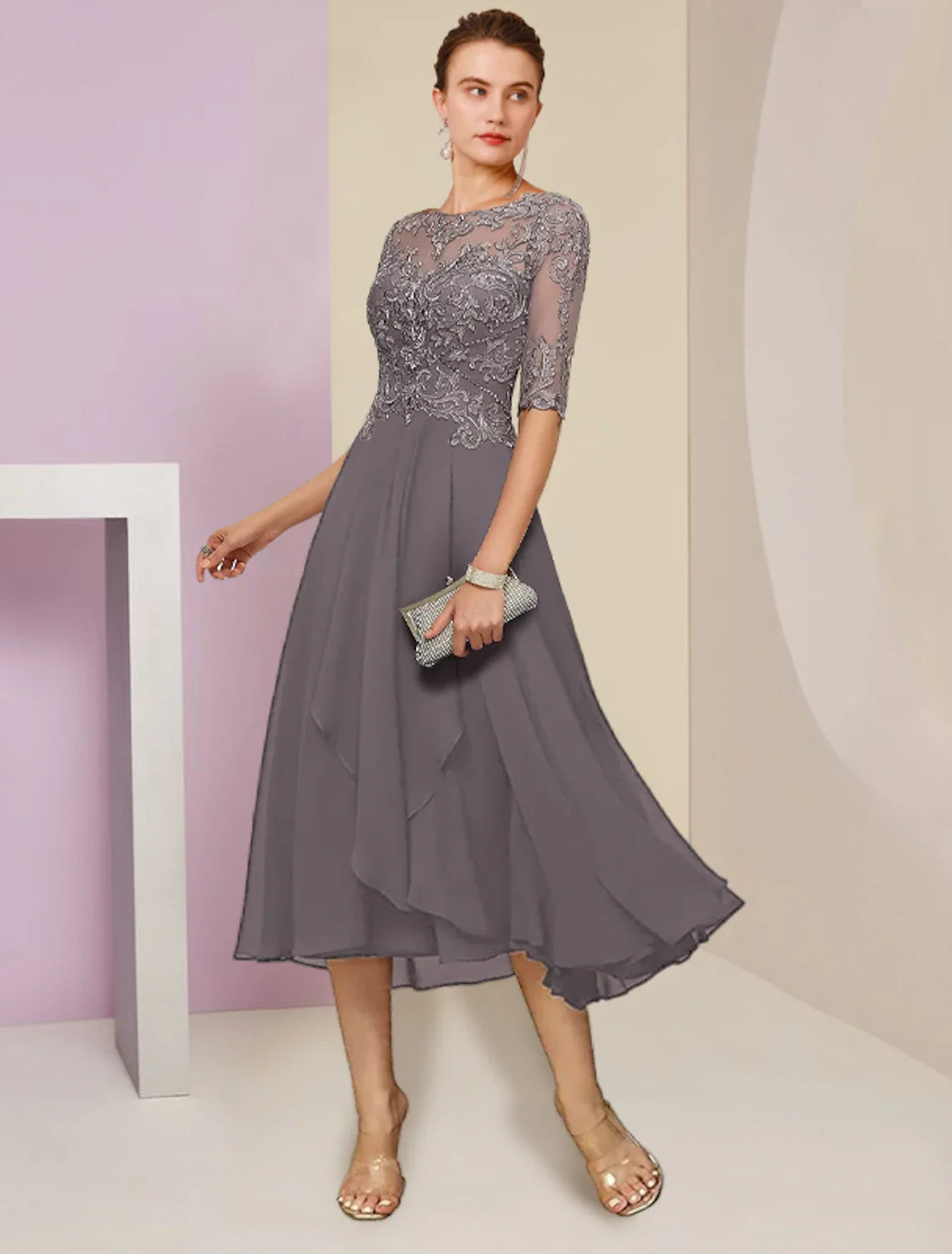 Aimishang  Two Piece A-Line Mother of the Bride Dress Formal Wedding Guest Elegant Scoop Neck Tea Length Chiffon Lace Half Sleeve Wrap Included with Beading Sequin Appliques