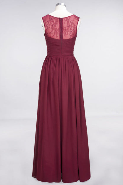 Scoop Neck Ruffle Chiffon Burgundy Modest Bridesmaid Dresses Aline