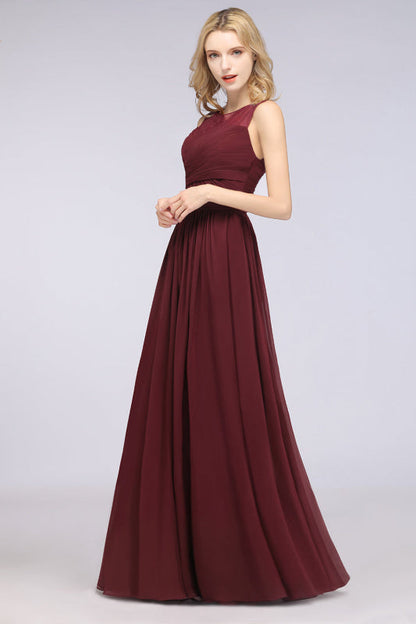 Scoop Neck Ruffle Chiffon Burgundy Modest Bridesmaid Dresses Aline