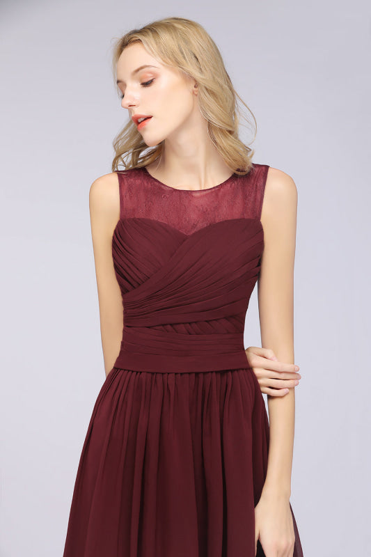 Scoop Neck Ruffle Chiffon Burgundy Modest Bridesmaid Dresses Aline