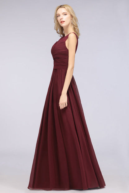 Scoop Neck Ruffle Chiffon Burgundy Modest Bridesmaid Dresses Aline