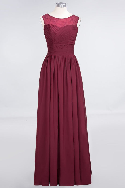 Scoop Neck Ruffle Chiffon Burgundy Modest Bridesmaid Dresses Aline