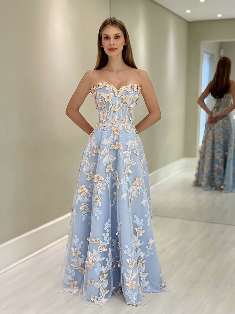 A-Line Sweetheart Neck Tulle Lace Blue Long Prom Dress, Blue Long Formal Dress