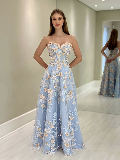 A-Line Sweetheart Neck Tulle Lace Blue Long Prom Dress, Blue Long Formal Dress
