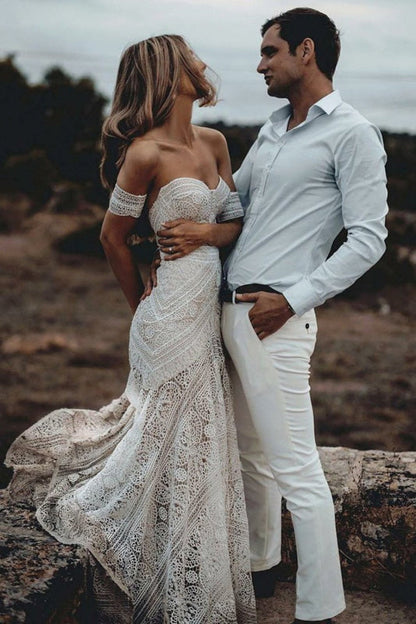 Ivory Lace Beach Wedding Dresses Sweetheart Boho Wedding Dresses