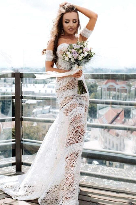 Ivory Lace Beach Wedding Dresses Sweetheart Boho Wedding Dresses