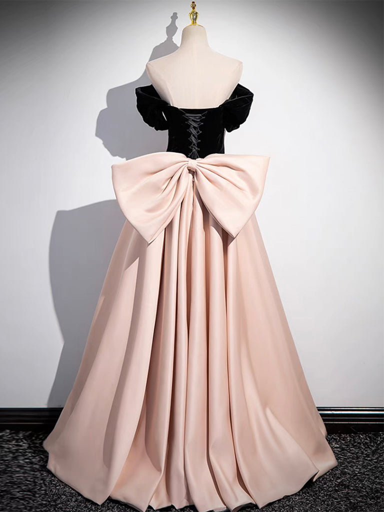 A-Line Sweetheart Neck Off Shoulder Satin Velvet Champagne Long Prom Dresses