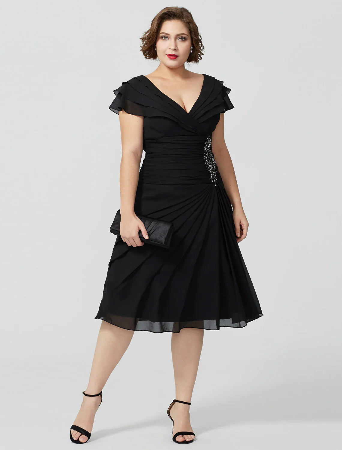Aimishang A-Line Mother of the Bride Dress Plus Size Elegant Sexy V Neck Knee Length Chiffon Short Sleeve No with Beading Tiered