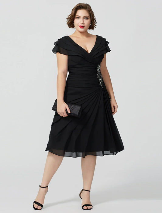 Aimishang A-Line Mother of the Bride Dress Plus Size Elegant Sexy V Neck Knee Length Chiffon Short Sleeve No with Beading Tiered