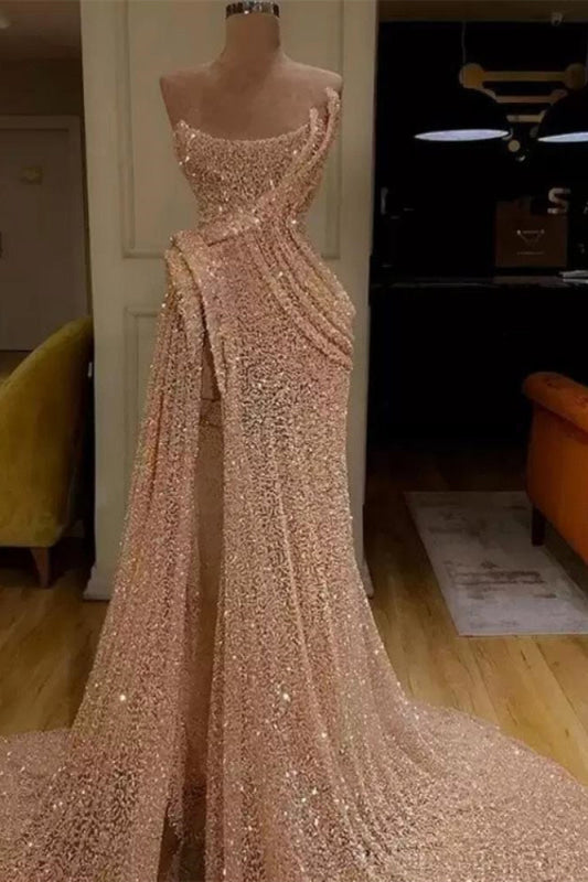 Glitter Sequin Strapless Mermaid Long Prom Dress with Split