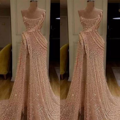 Glitter Sequin Strapless Mermaid Long Prom Dress with Split