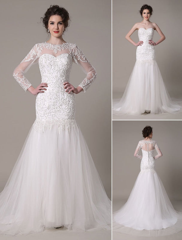 Sequined Wedding Dress Detachable Lace Applique Mermaid Court Train Bridal Dress
