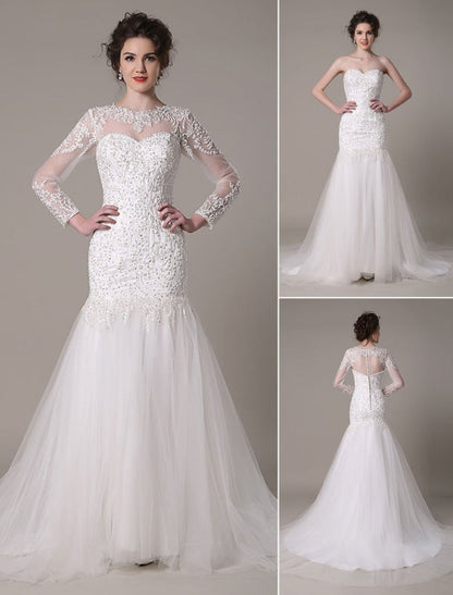 Sequined Wedding Dress Detachable Lace Applique Mermaid Court Train Bridal Dress