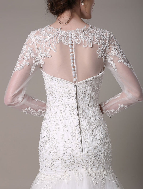 Sequined Wedding Dress Detachable Lace Applique Mermaid Court Train Bridal Dress