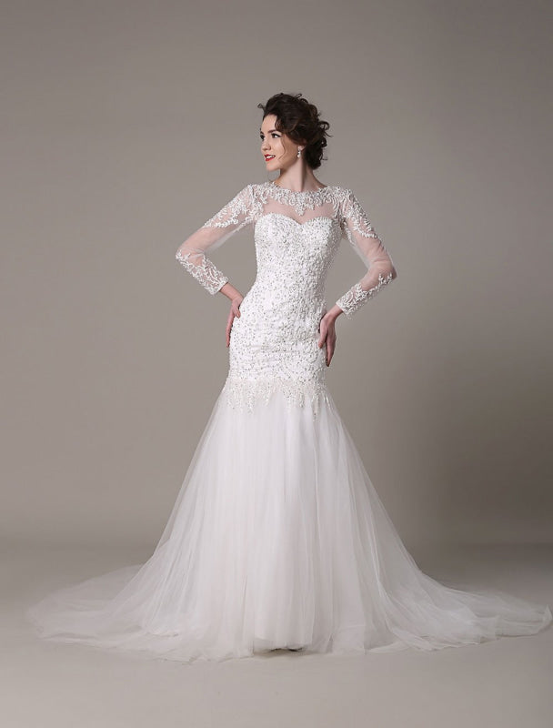 Sequined Wedding Dress Detachable Lace Applique Mermaid Court Train Bridal Dress