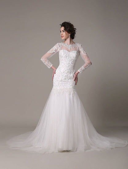 Sequined Wedding Dress Detachable Lace Applique Mermaid Court Train Bridal Dress