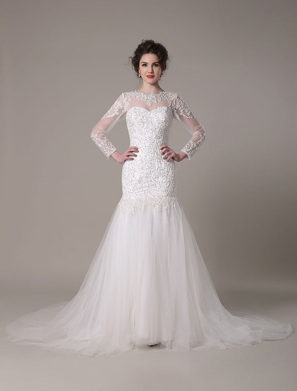 Sequined Wedding Dress Detachable Lace Applique Mermaid Court Train Bridal Dress