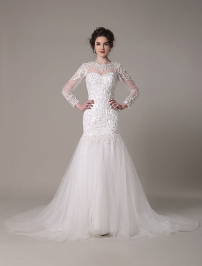 Sequined Wedding Dress Detachable Lace Applique Mermaid Court Train Bridal Dress