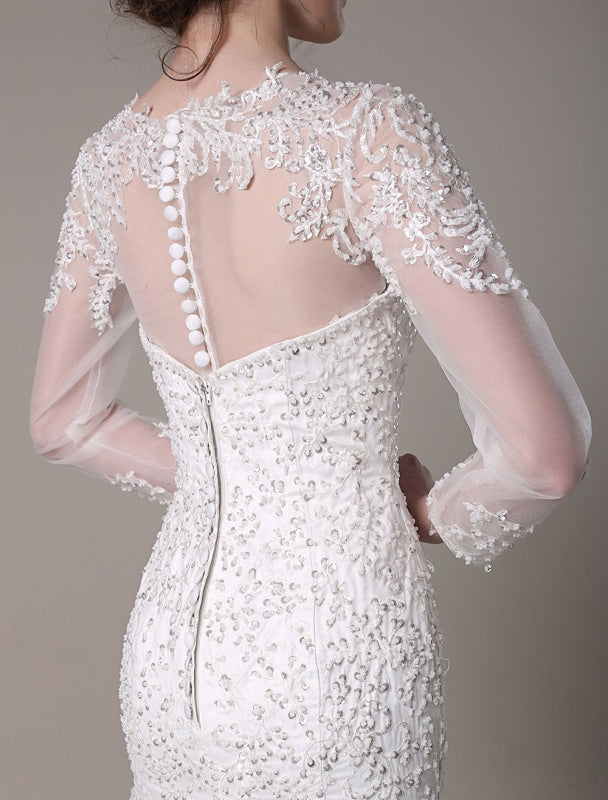 Sequined Wedding Dress Detachable Lace Applique Mermaid Court Train Bridal Dress