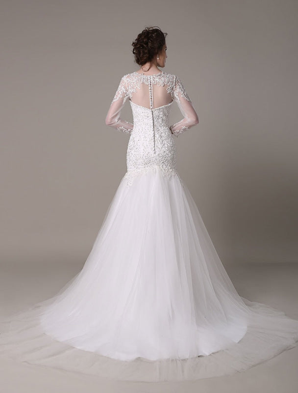 Sequined Wedding Dress Detachable Lace Applique Mermaid Court Train Bridal Dress