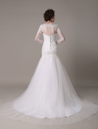 Sequined Wedding Dress Detachable Lace Applique Mermaid Court Train Bridal Dress