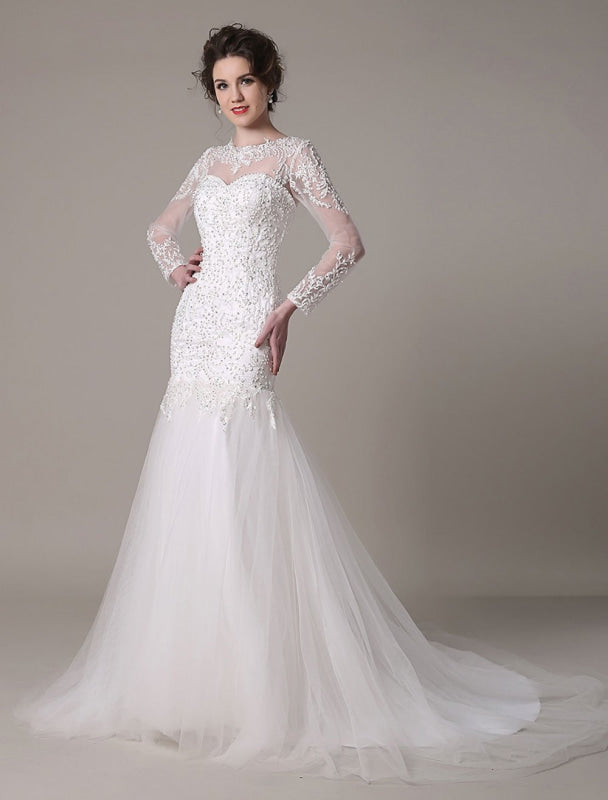 Sequined Wedding Dress Detachable Lace Applique Mermaid Court Train Bridal Dress