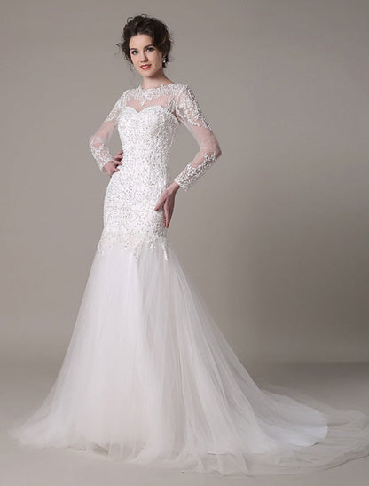 Sequined Wedding Dress Detachable Lace Applique Mermaid Court Train Bridal Dress