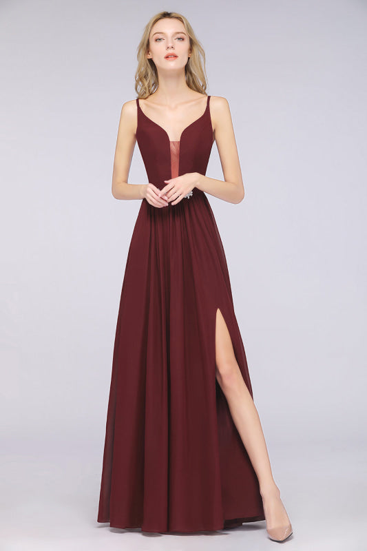 Sexy Deep V-Neck Burgundy Chiffon Bridesmaid Dress with Slit