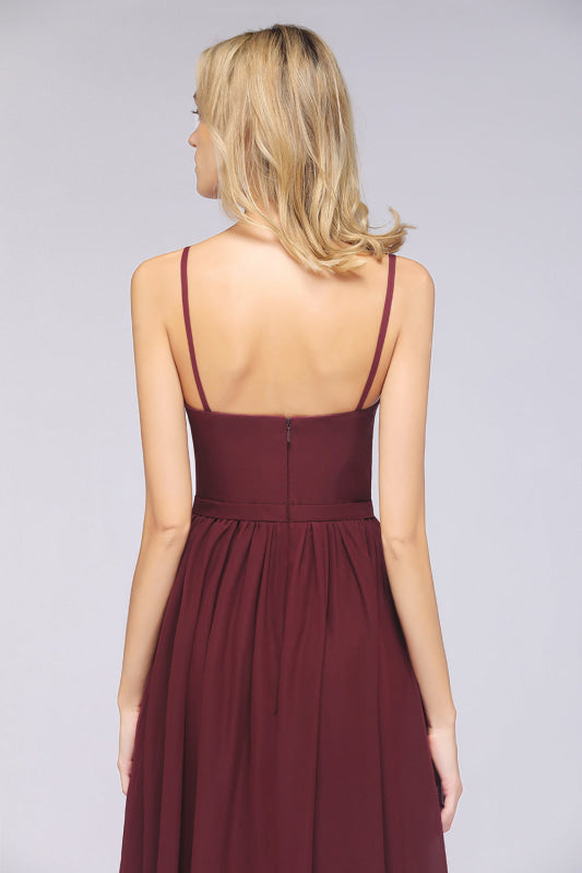 Sexy Deep V-Neck Burgundy Chiffon Bridesmaid Dress with Slit
