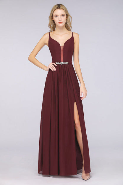 Sexy Deep V-Neck Burgundy Chiffon Bridesmaid Dress with Slit