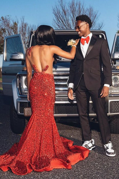 Sexy Red Mermaid Sequins Appliques Open Back Prom Dress