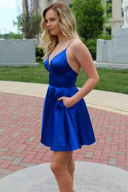 Sexy V-Neck Short Homecoming Dresses Sleeveless Satin Aline Party Dress with Pockets