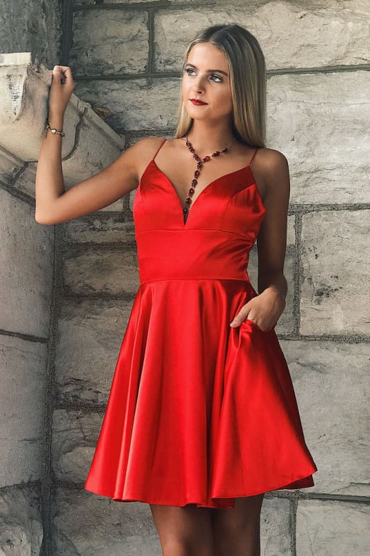 Sexy V-Neck Short Homecoming Dresses Sleeveless Satin Aline Party Dress with Pockets