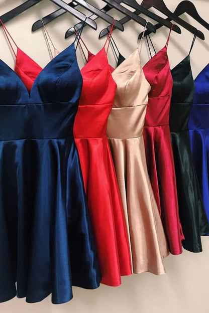 Sexy V-Neck Short Homecoming Dresses Sleeveless Satin Aline Party Dress with Pockets