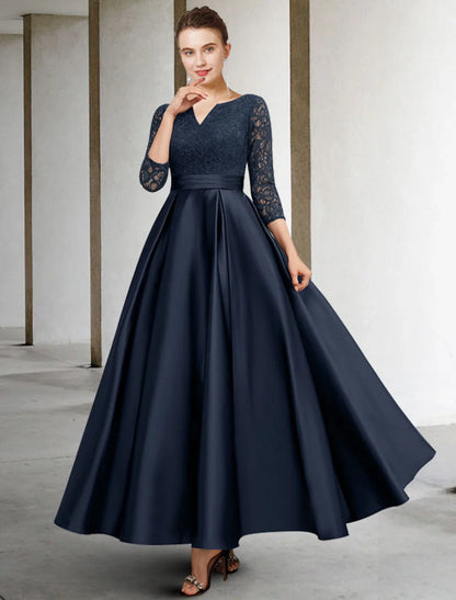 Aimishang  A-Line Mother of the Bride Dress Plus Size Elegant V Neck Ankle Length Satin Lace 3/4 Length Sleeve No with Pleats Ruched