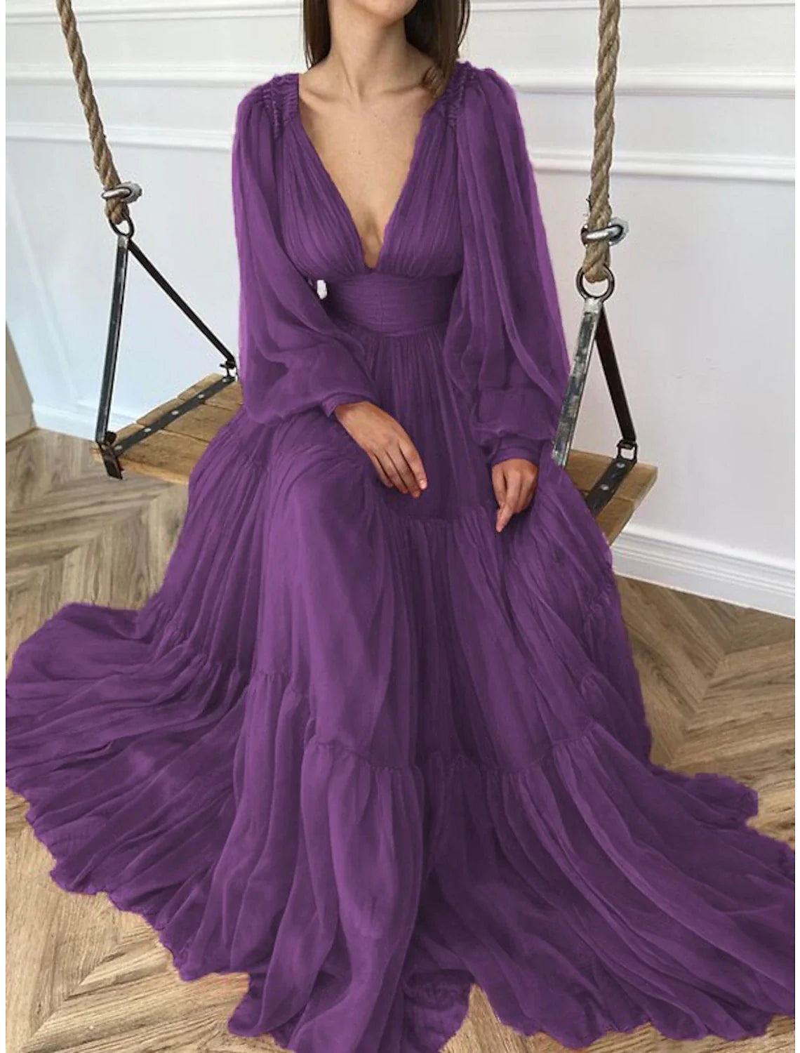 Aimishang A-Line Evening Gown Elegant Dress Red Green Dress Formal Wedding Guest Floor Length Long Sleeve V Neck Chiffon with Ruched