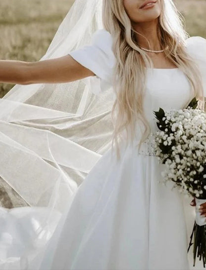 Aimishang Formal Wedding Dresses Ball Gown Square Neck Short Sleeve Chapel Train Satin Bridal Gowns With Solid Color
