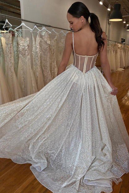Aimishang Spaghetti Straps Lace Appliques Sparkly A-Line Wedding Dress