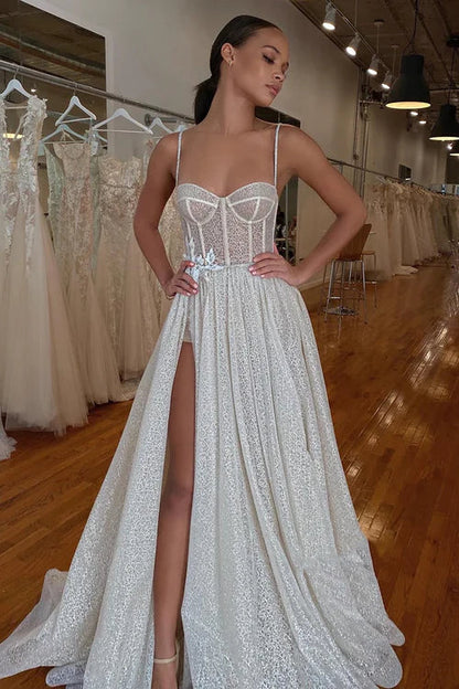 Aimishang Spaghetti Straps Lace Appliques Sparkly A-Line Wedding Dress