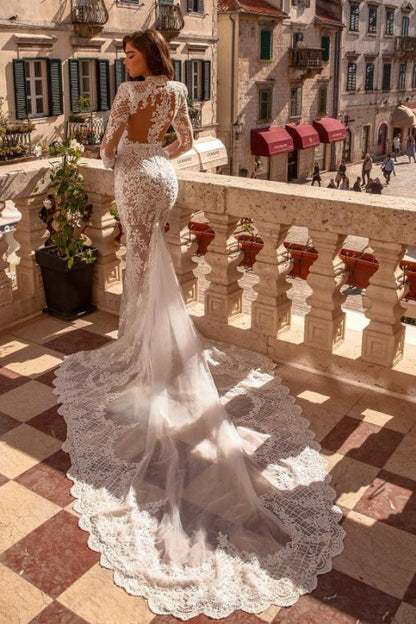 Sheath High Neck Long Sleeves Mermaid Wedding Dress with Train