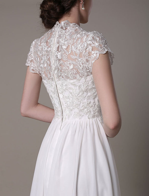Sheath Lace Wedding Dress V-Neck Chiffon Pleated Bridal Dress