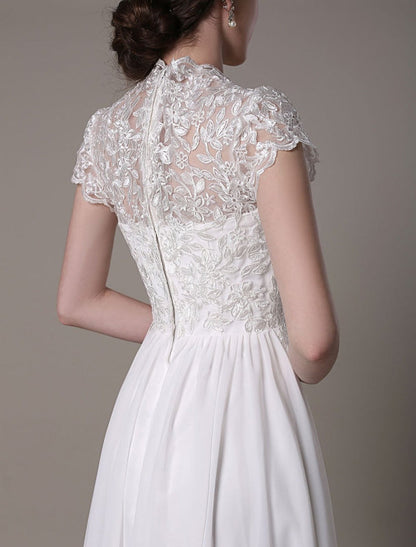 Sheath Lace Wedding Dress V-Neck Chiffon Pleated Bridal Dress