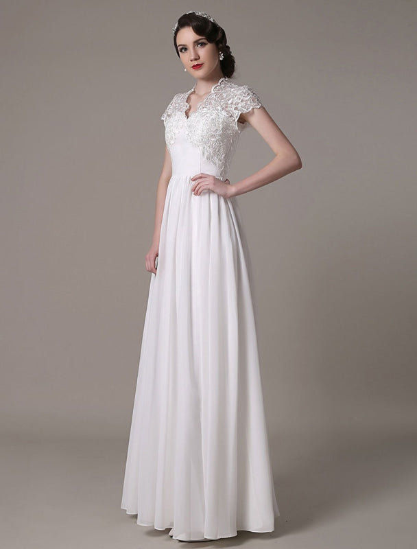 Sheath Lace Wedding Dress V-Neck Chiffon Pleated Bridal Dress