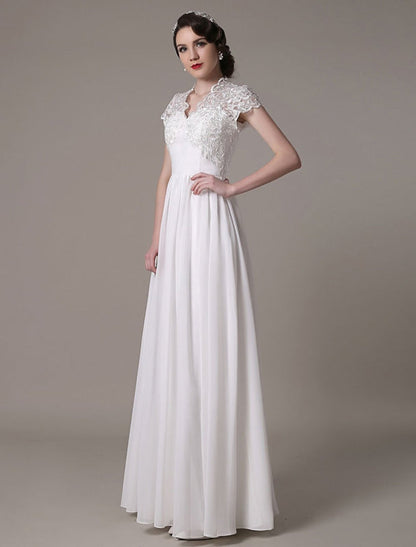 Sheath Lace Wedding Dress V-Neck Chiffon Pleated Bridal Dress
