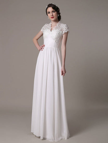 Sheath Lace Wedding Dress V-Neck Chiffon Pleated Bridal Dress