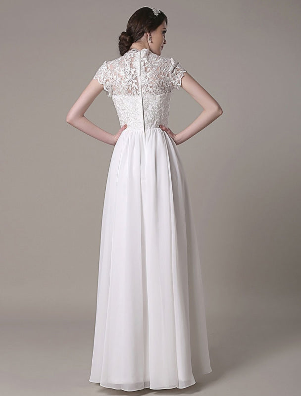 Sheath Lace Wedding Dress V-Neck Chiffon Pleated Bridal Dress