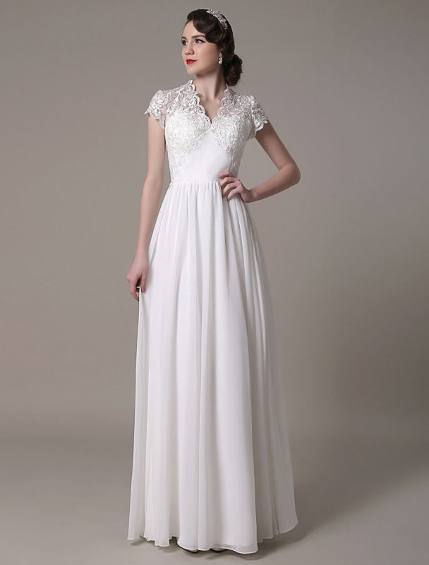Sheath Lace Wedding Dress V-Neck Chiffon Pleated Bridal Dress