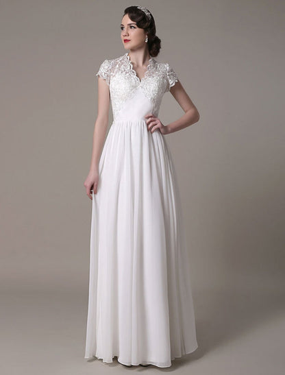 Sheath Lace Wedding Dress V-Neck Chiffon Pleated Bridal Dress